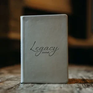 Front view of a leather-bound 'Legacy Journal,' intended for capturing and sharing life lessons and legacies.