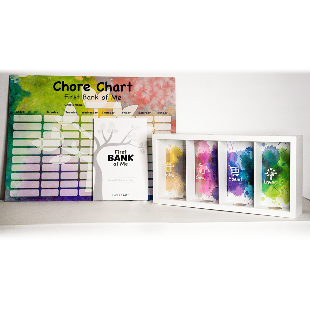 'First Bank of Me' bundle showcasing a watercolor chore chart and a white book cover with a grey tree, along with a piggy bank that has four designated slots for managing money.