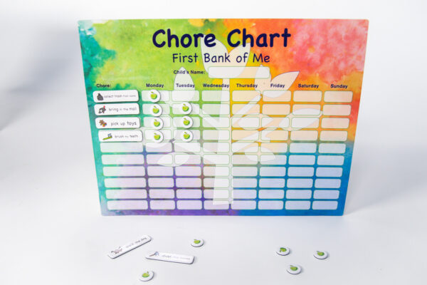 Watercolor-style chore chart featuring a central tree, showing chores for each day of the week to motivate children.