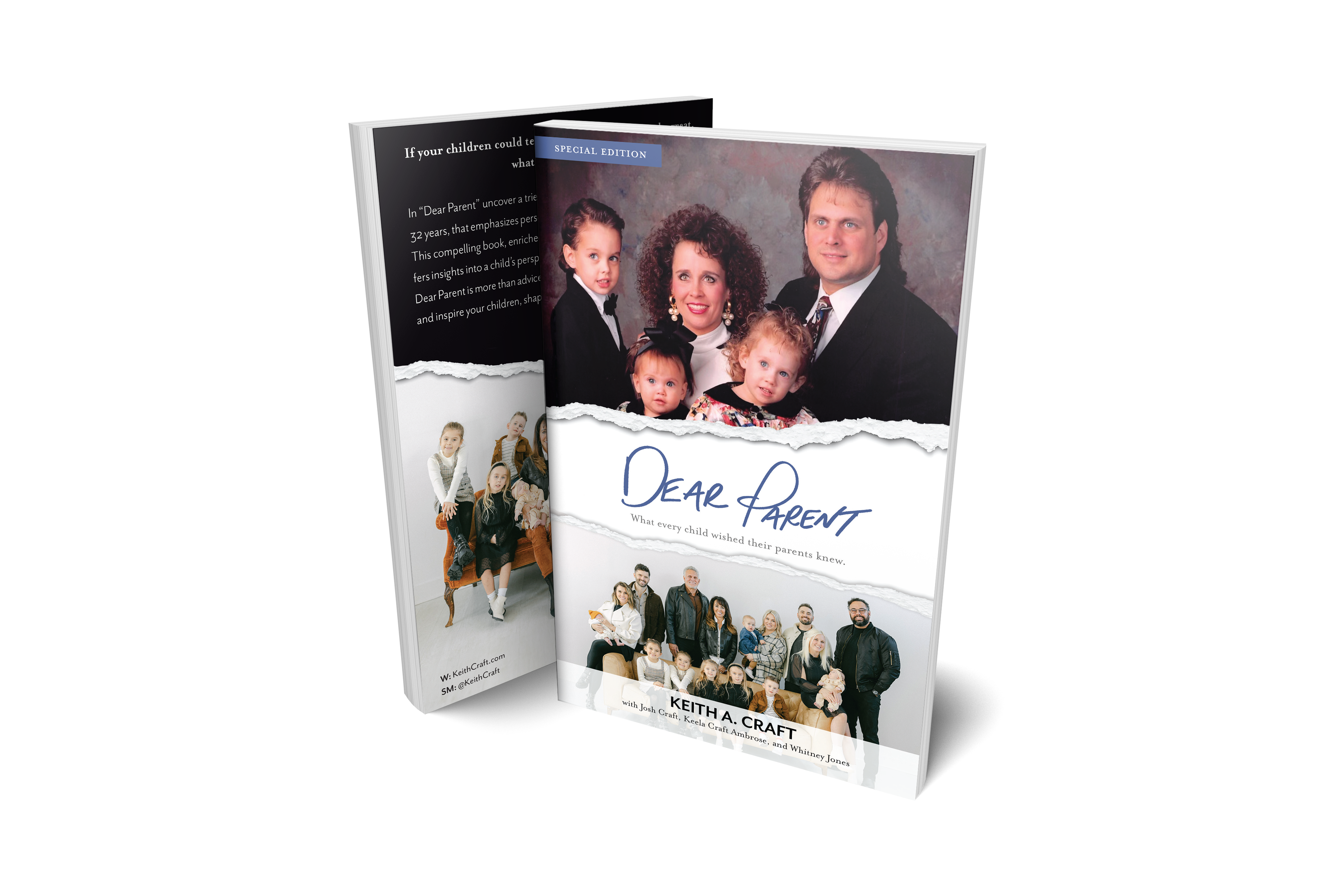 Cover image of 'Dear Parent' displaying the young Craft family, focusing on understanding children's needs, with an updated family photo including grandchildren.
